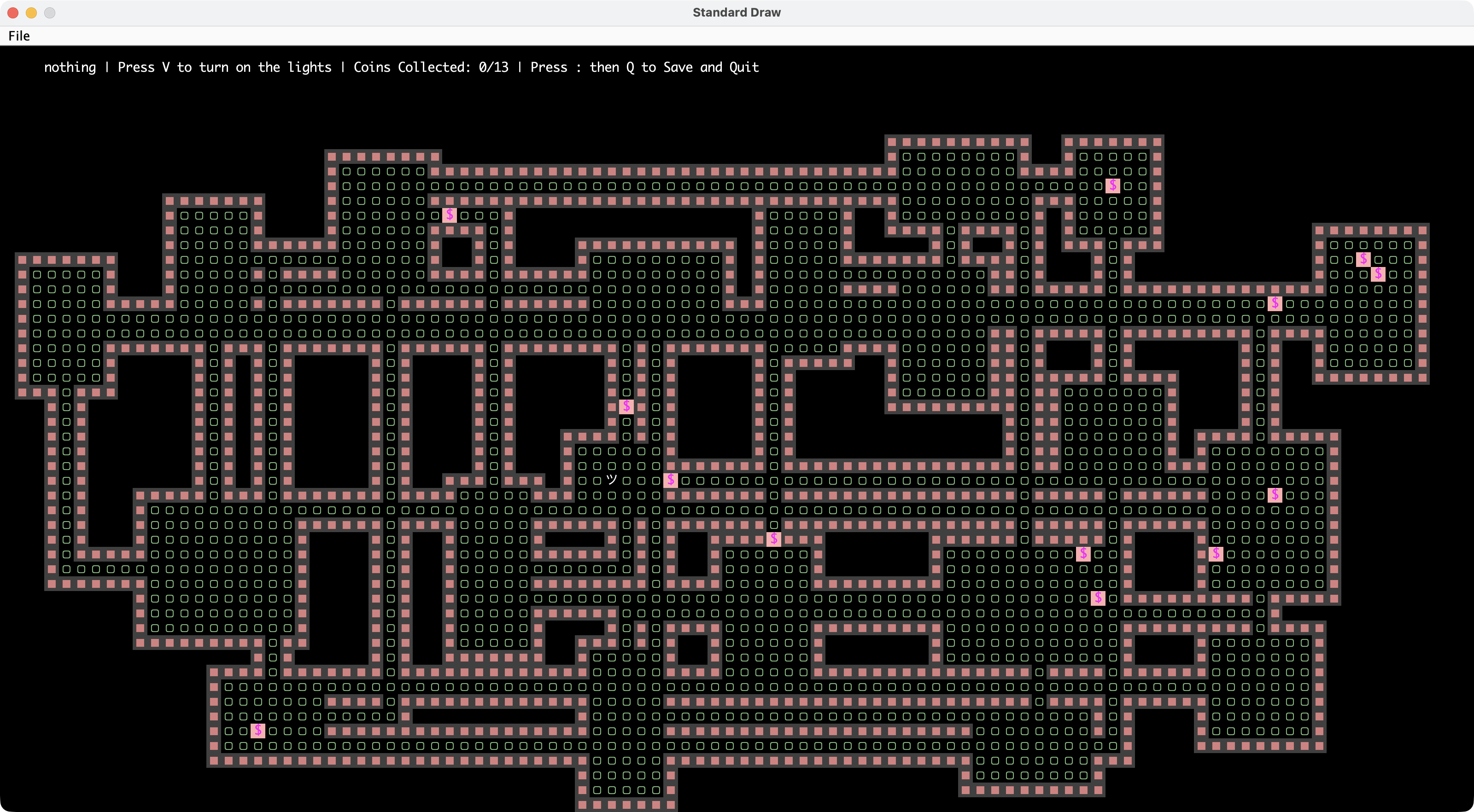BYOW tile-based world — a procedurally generated maze of rooms and hallways with a coin-collection HUD